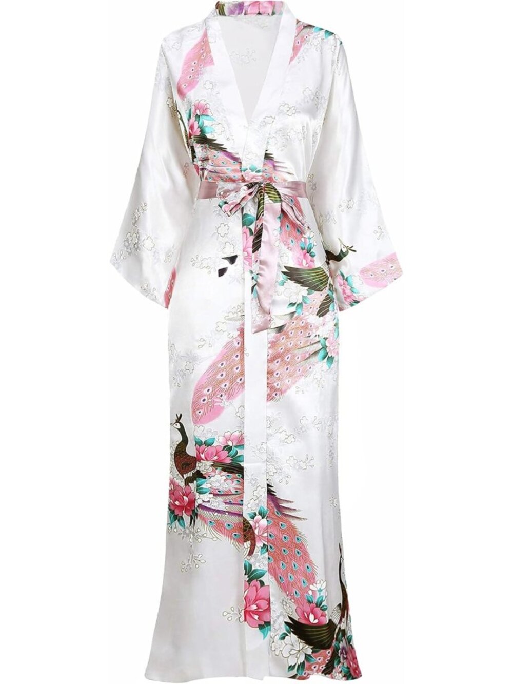 White Satin Peacock Print Kimono Robe Dressing Gown With Pockets Bridal